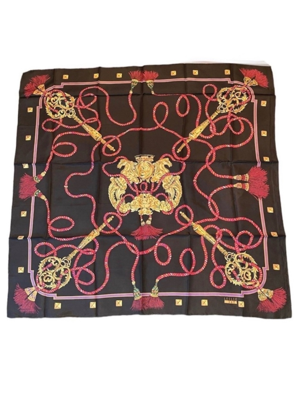 Brand New Vintage LESLIE FAY Silk Black Gold Horse Crest Scarf 35”
